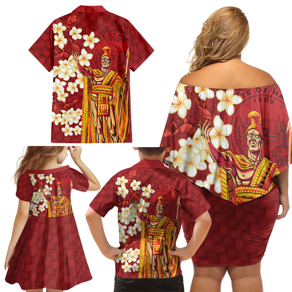 Hawaii King Kamehameha Family Matching Off Shoulder Short Dress and Hawaiian Shirt Plumeria Lauhala Pattern LT01 - Polynesian Pride