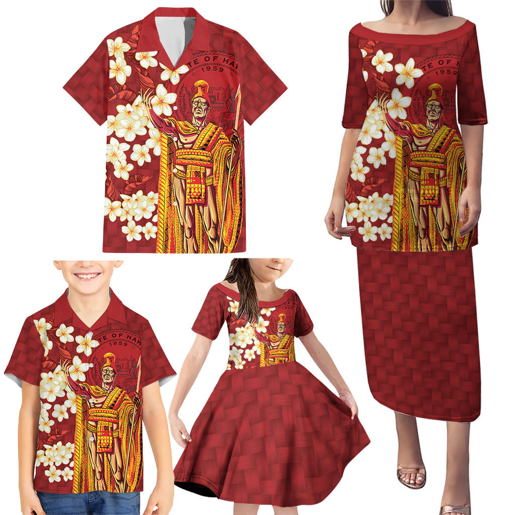 Hawaii King Kamehameha Family Matching Puletasi and Hawaiian Shirt Plumeria Lauhala Pattern