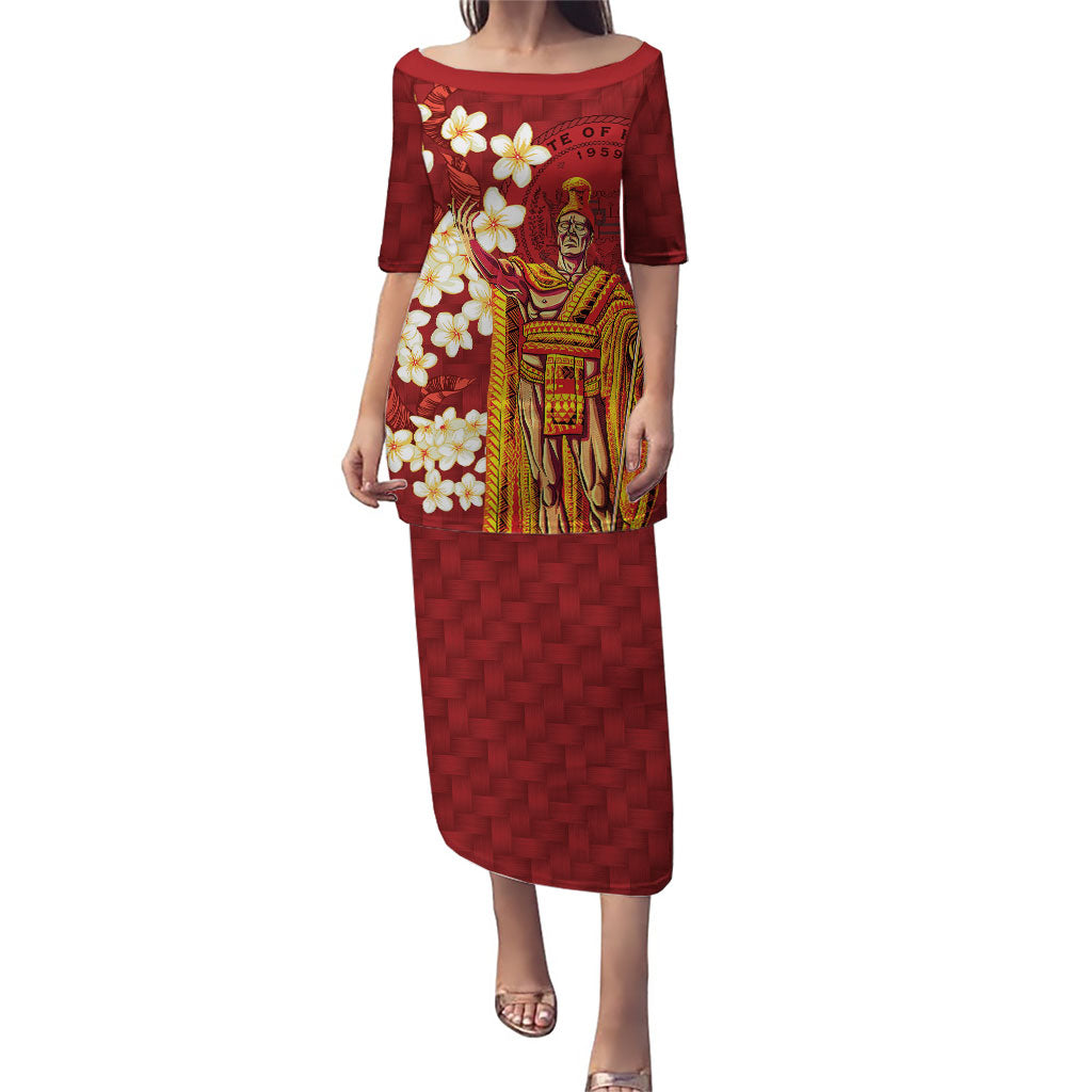 Hawaii King Kamehameha Family Matching Puletasi and Hawaiian Shirt Plumeria Lauhala Pattern