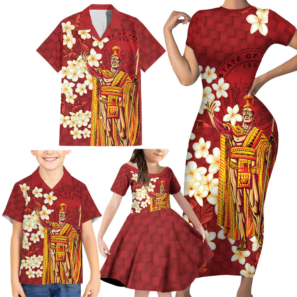 Hawaii King Kamehameha Family Matching Short Sleeve Bodycon Dress and Hawaiian Shirt Plumeria Lauhala Pattern LT01 - Polynesian Pride