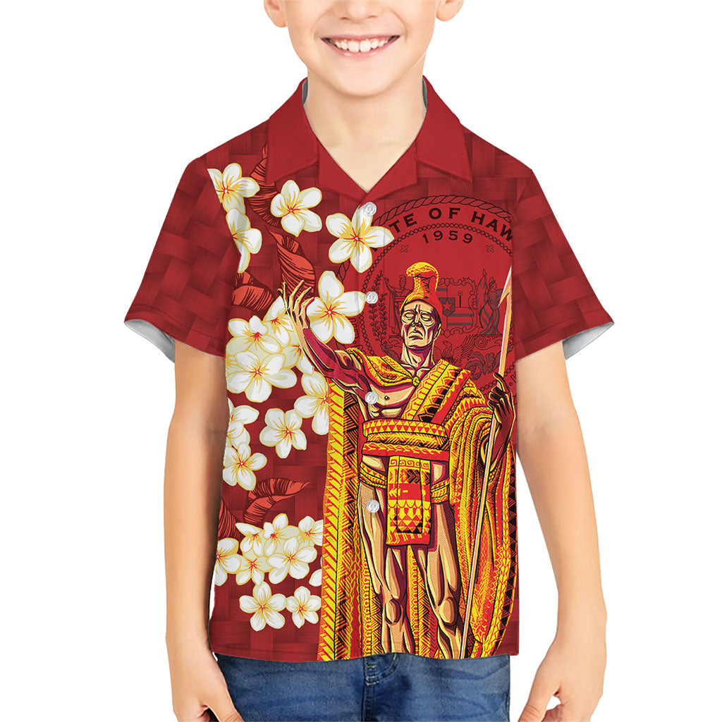 Hawaii King Kamehameha Family Matching Short Sleeve Bodycon Dress and Hawaiian Shirt Plumeria Lauhala Pattern LT01 Son's Shirt Red - Polynesian Pride