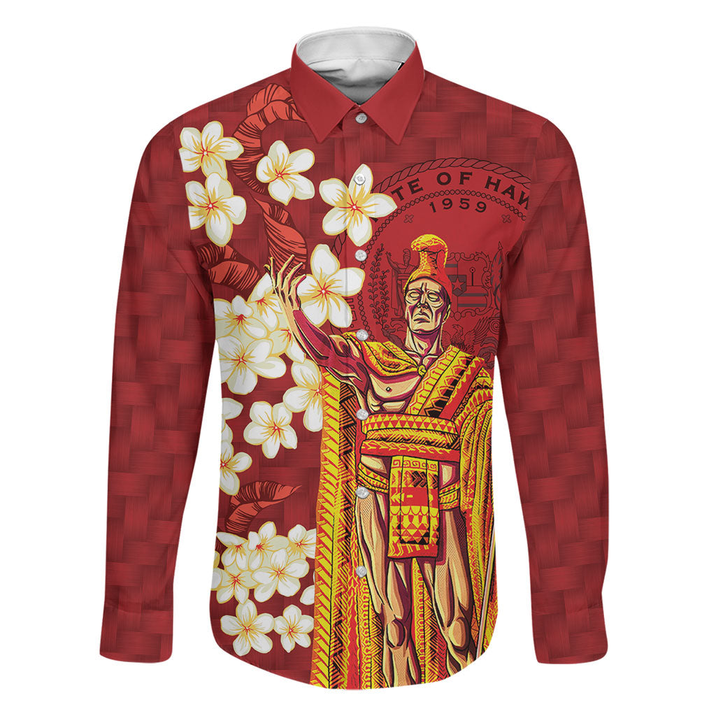 Hawaii King Kamehameha Family Matching Summer Maxi Dress and Hawaiian Shirt Plumeria Lauhala Pattern LT01 Dad's Shirt - Long Sleeve Red - Polynesian Pride