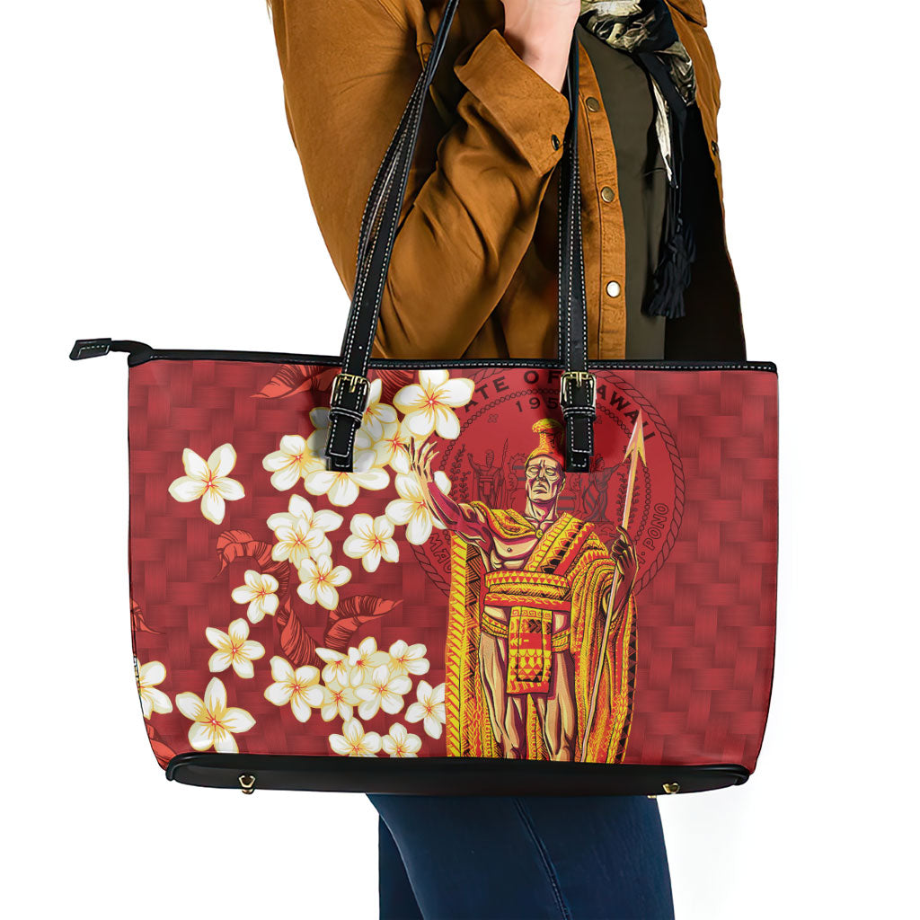 Hawaii King Kamehameha Leather Tote Bag Plumeria Lauhala Pattern