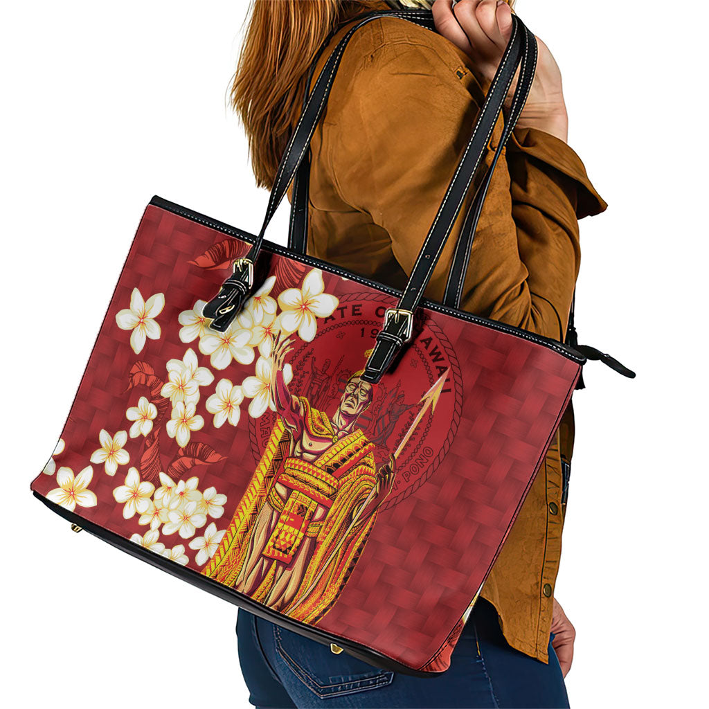 Hawaii King Kamehameha Leather Tote Bag Plumeria Lauhala Pattern