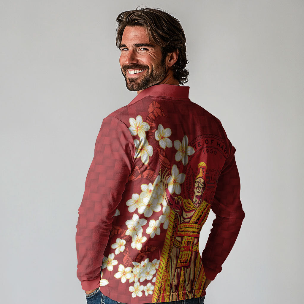 Hawaii King Kamehameha Long Sleeve Polo Shirt Plumeria Lauhala Pattern