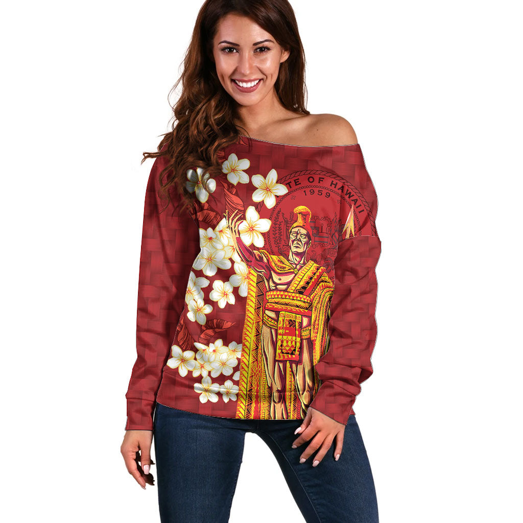 Hawaii King Kamehameha Off Shoulder Sweater Plumeria Lauhala Pattern