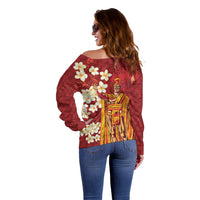 Hawaii King Kamehameha Off Shoulder Sweater Plumeria Lauhala Pattern