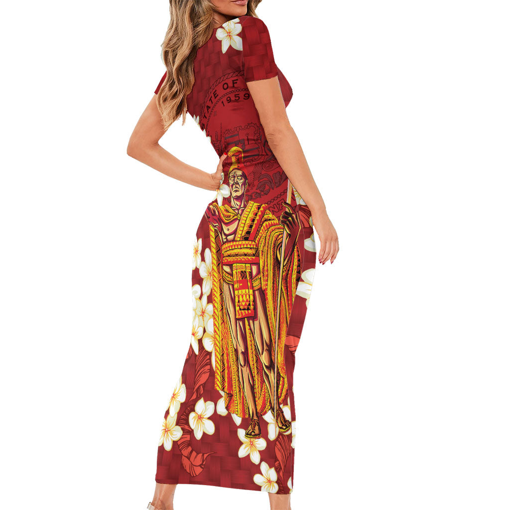 Hawaii King Kamehameha Short Sleeve Bodycon Dress Plumeria Lauhala Pattern
