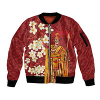 Hawaii King Kamehameha Sleeve Zip Bomber Jacket Plumeria Lauhala Pattern