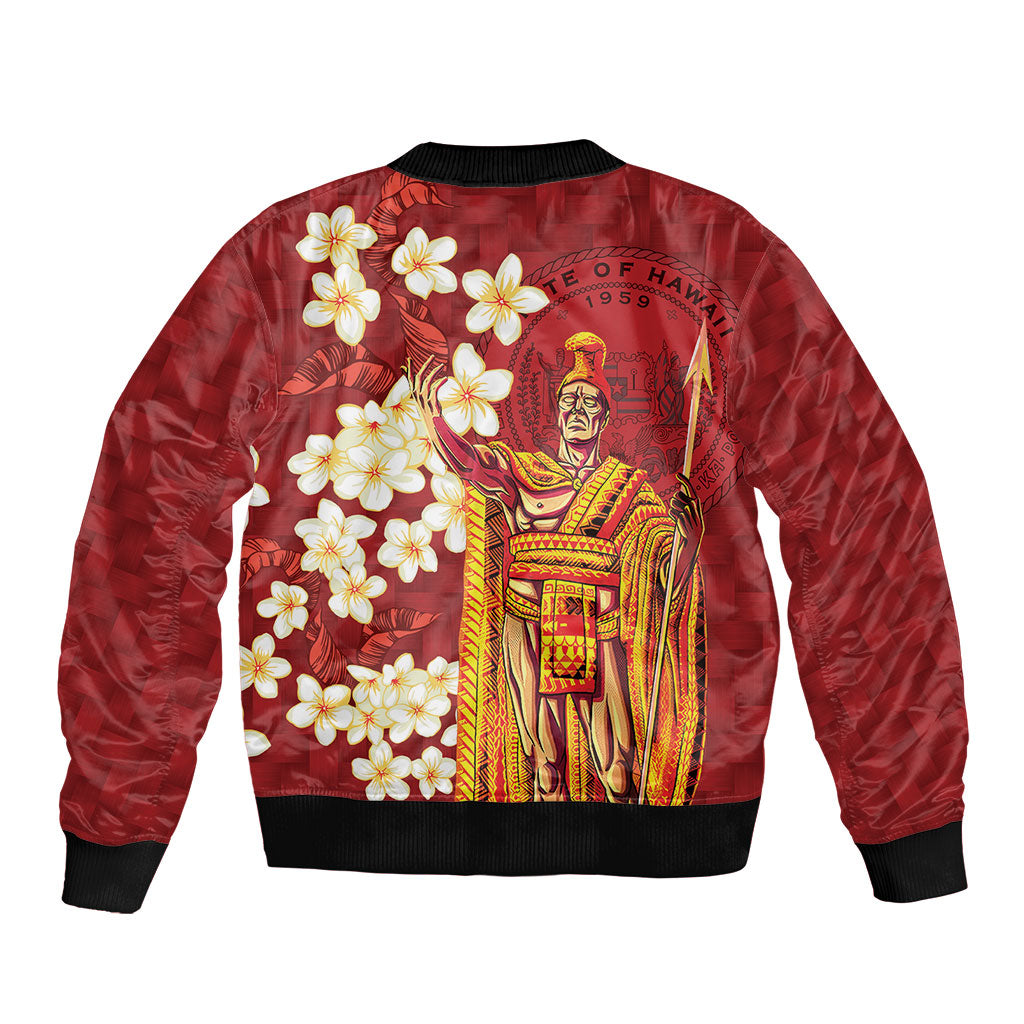 Hawaii King Kamehameha Sleeve Zip Bomber Jacket Plumeria Lauhala Pattern