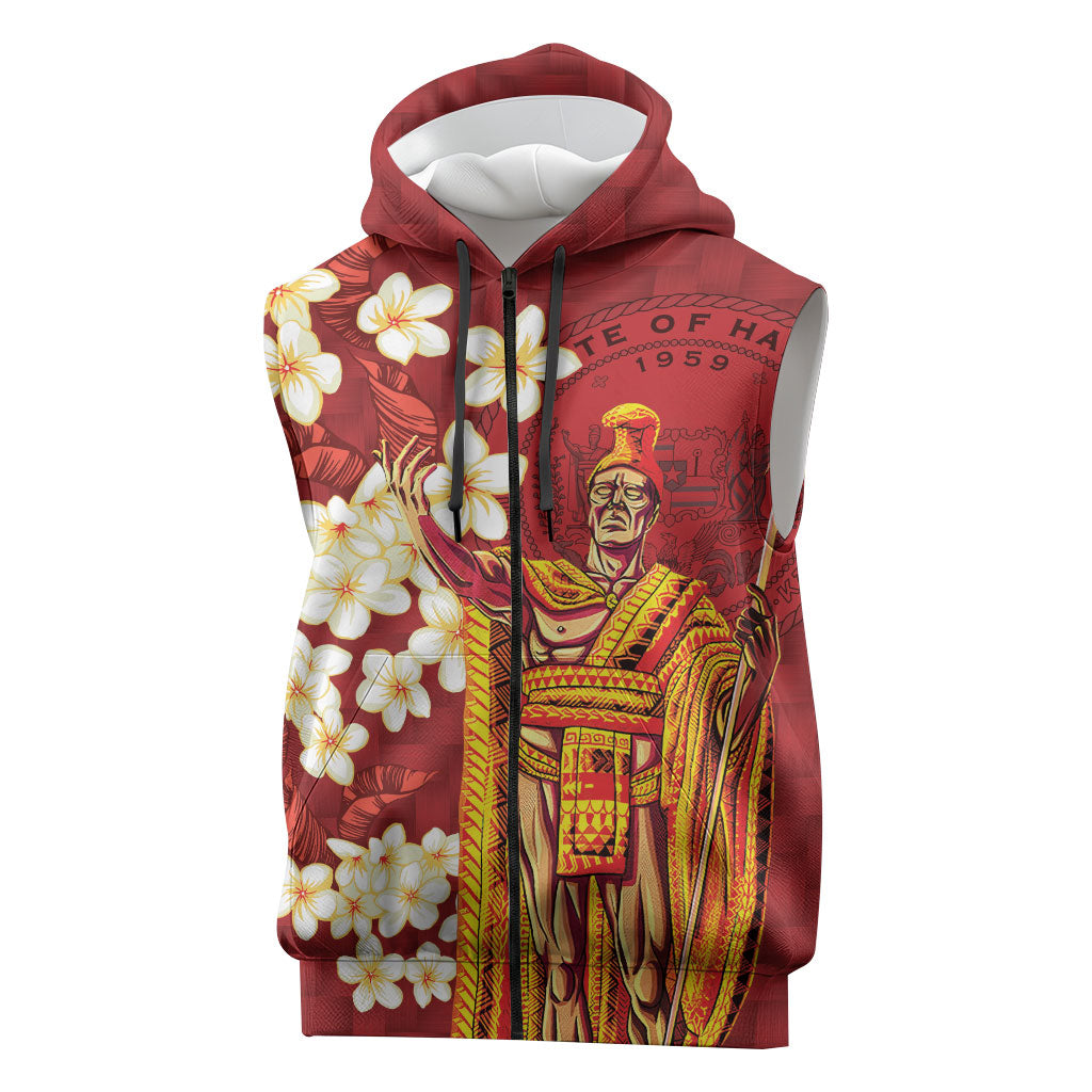 Hawaii King Kamehameha Sleeveless Zip Hoodie Plumeria Lauhala Pattern