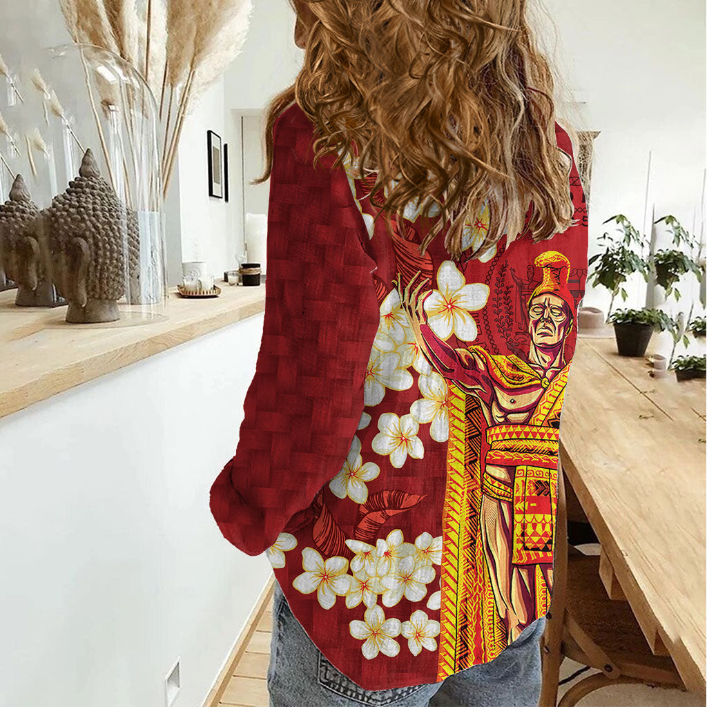 Hawaii King Kamehameha Women Casual Shirt Plumeria Lauhala Pattern