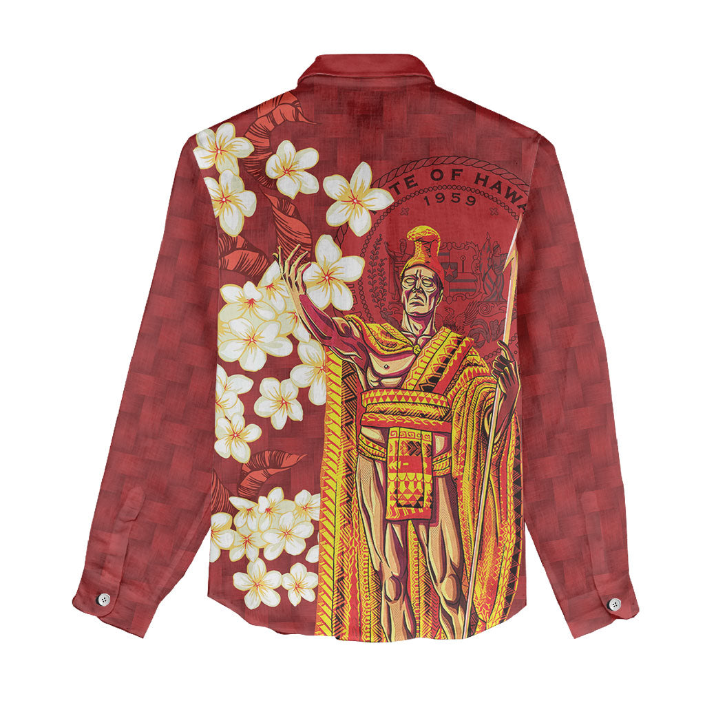 Hawaii King Kamehameha Women Casual Shirt Plumeria Lauhala Pattern