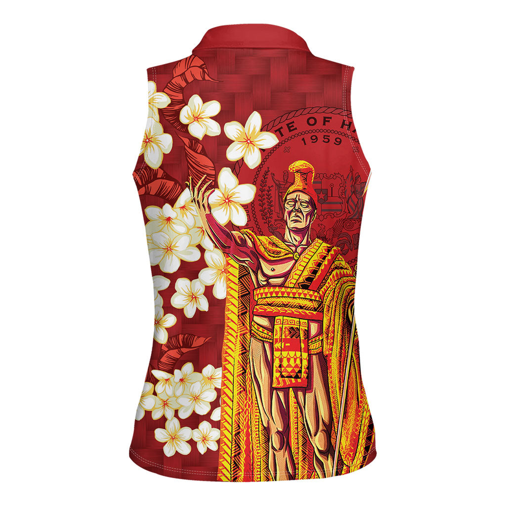 Hawaii King Kamehameha Women Sleeveless Polo Shirt Plumeria Lauhala Pattern