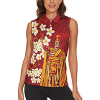 Hawaii King Kamehameha Women Sleeveless Polo Shirt Plumeria Lauhala Pattern