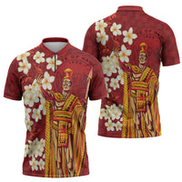 Hawaii King Kamehameha Zipper Polo Shirt Plumeria Lauhala Pattern