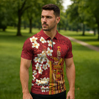 Hawaii King Kamehameha Zipper Polo Shirt Plumeria Lauhala Pattern