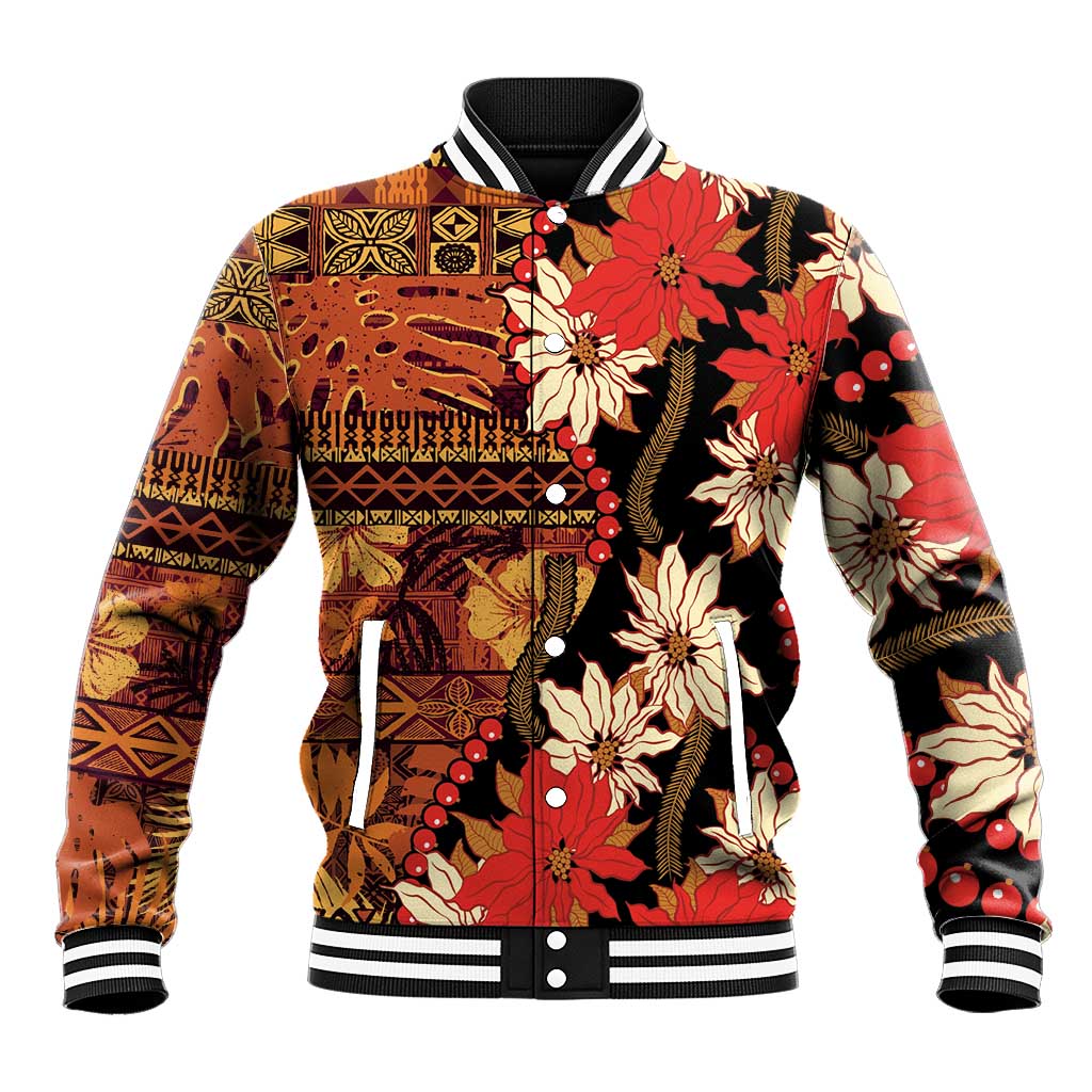 Hawaii Christmas Poinsettia Lei Baseball Jacket Tapa Pattern - Polynesian Pride