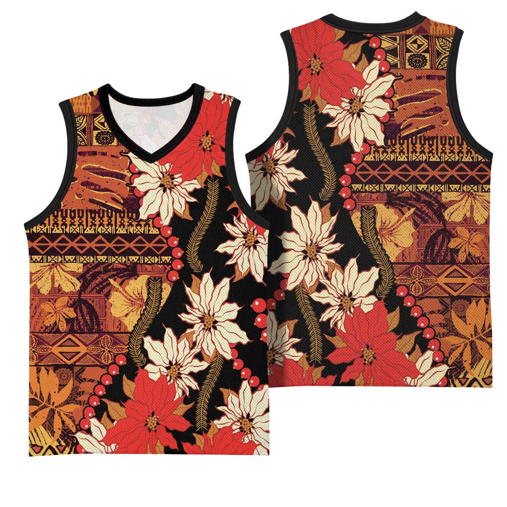 Hawaii Christmas Poinsettia Lei Basketball Jersey Tapa Pattern - Polynesian Pride