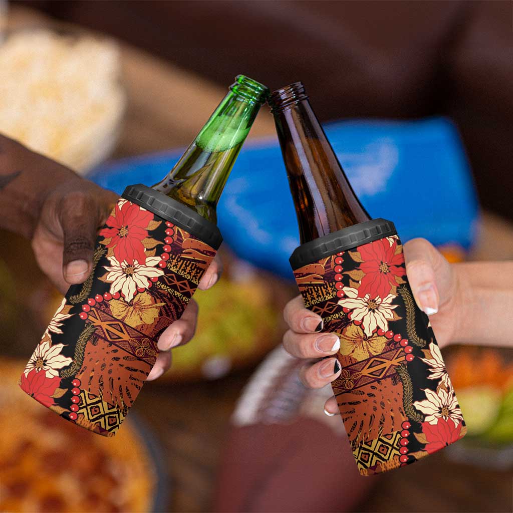 Hawaii Christmas Poinsettia Lei 4 in 1 Can Cooler Tumbler Tapa Pattern - Polynesian Pride