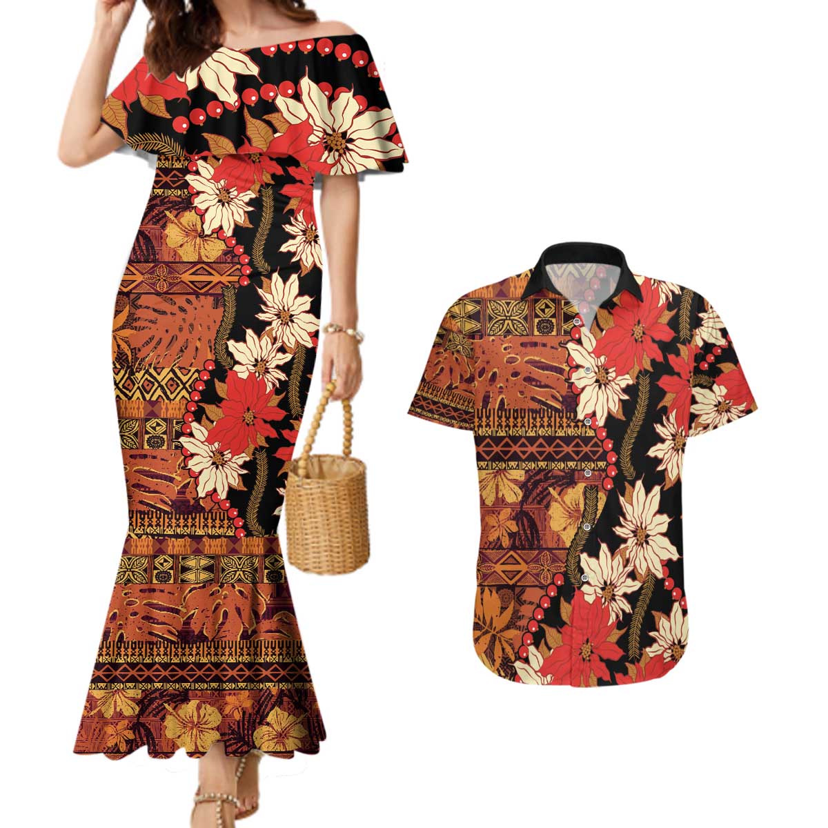Hawaii Christmas Poinsettia Lei Couples Matching Mermaid Dress and Hawaiian Shirt Tapa Pattern - Polynesian Pride
