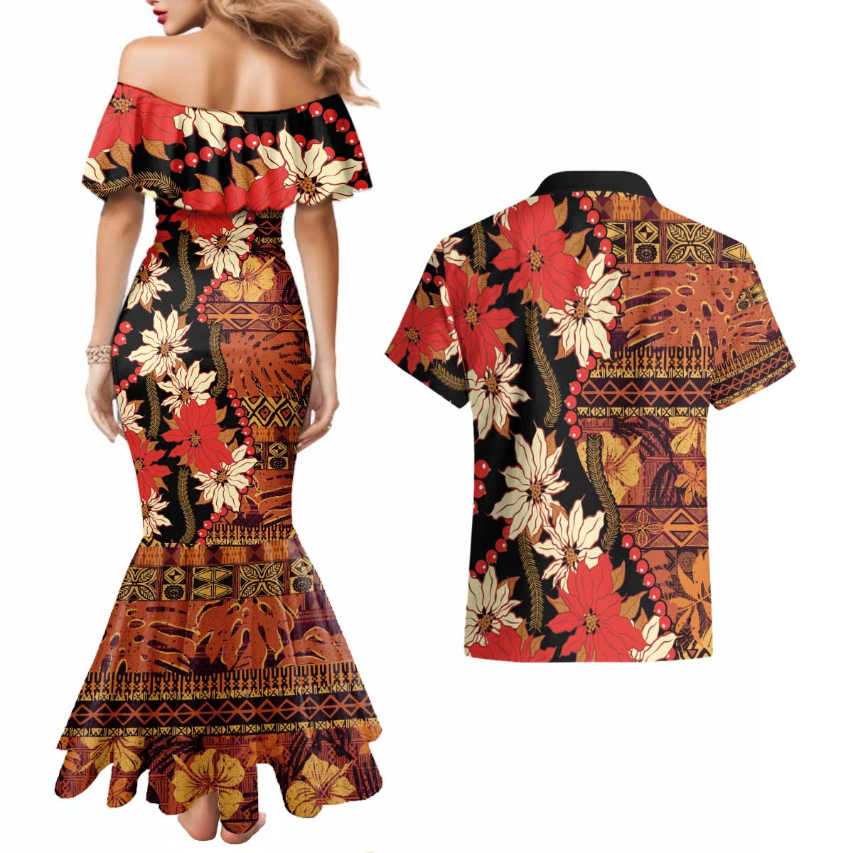 Hawaii Christmas Poinsettia Lei Couples Matching Mermaid Dress and Hawaiian Shirt Tapa Pattern - Polynesian Pride