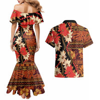 Hawaii Christmas Poinsettia Lei Couples Matching Mermaid Dress and Hawaiian Shirt Tapa Pattern - Polynesian Pride