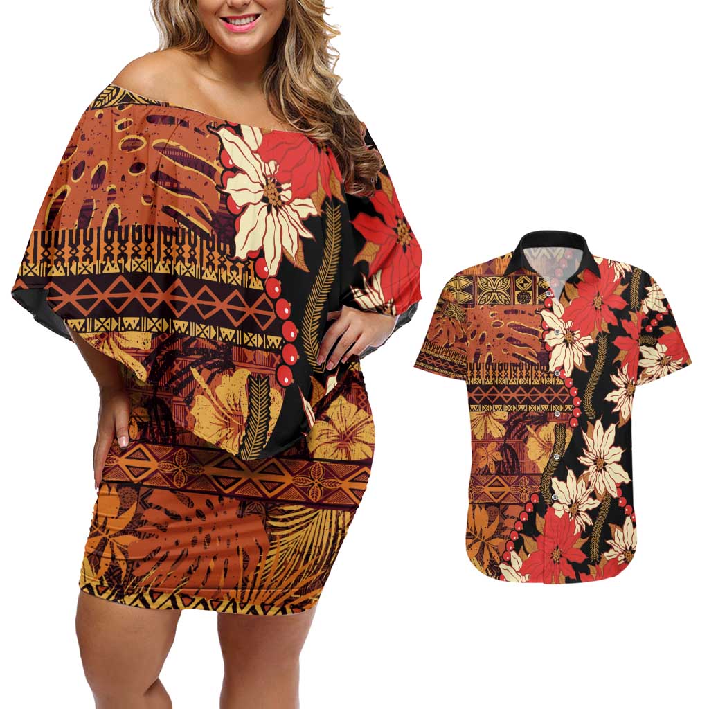 Hawaii Christmas Poinsettia Lei Couples Matching Off Shoulder Short Dress and Hawaiian Shirt Tapa Pattern - Polynesian Pride