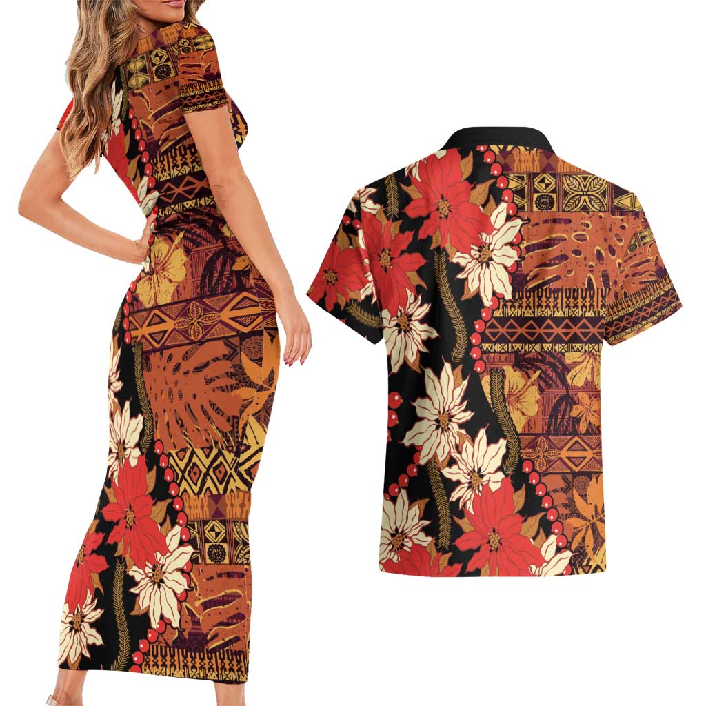 Hawaii Christmas Poinsettia Lei Couples Matching Short Sleeve Bodycon Dress and Hawaiian Shirt Tapa Pattern - Polynesian Pride