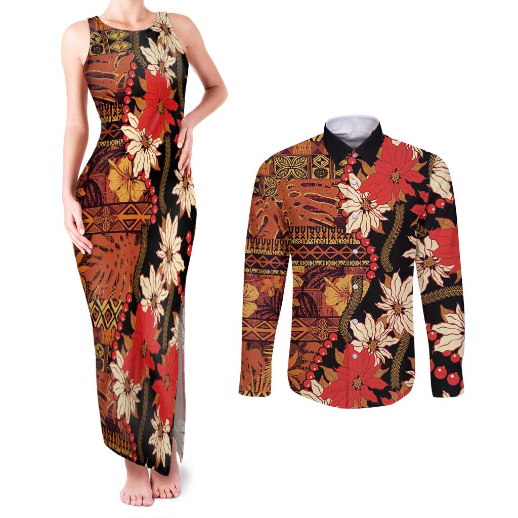Hawaii Christmas Poinsettia Lei Couples Matching Tank Maxi Dress and Long Sleeve Button Shirt Tapa Pattern LT01 Brown - Polynesian Pride