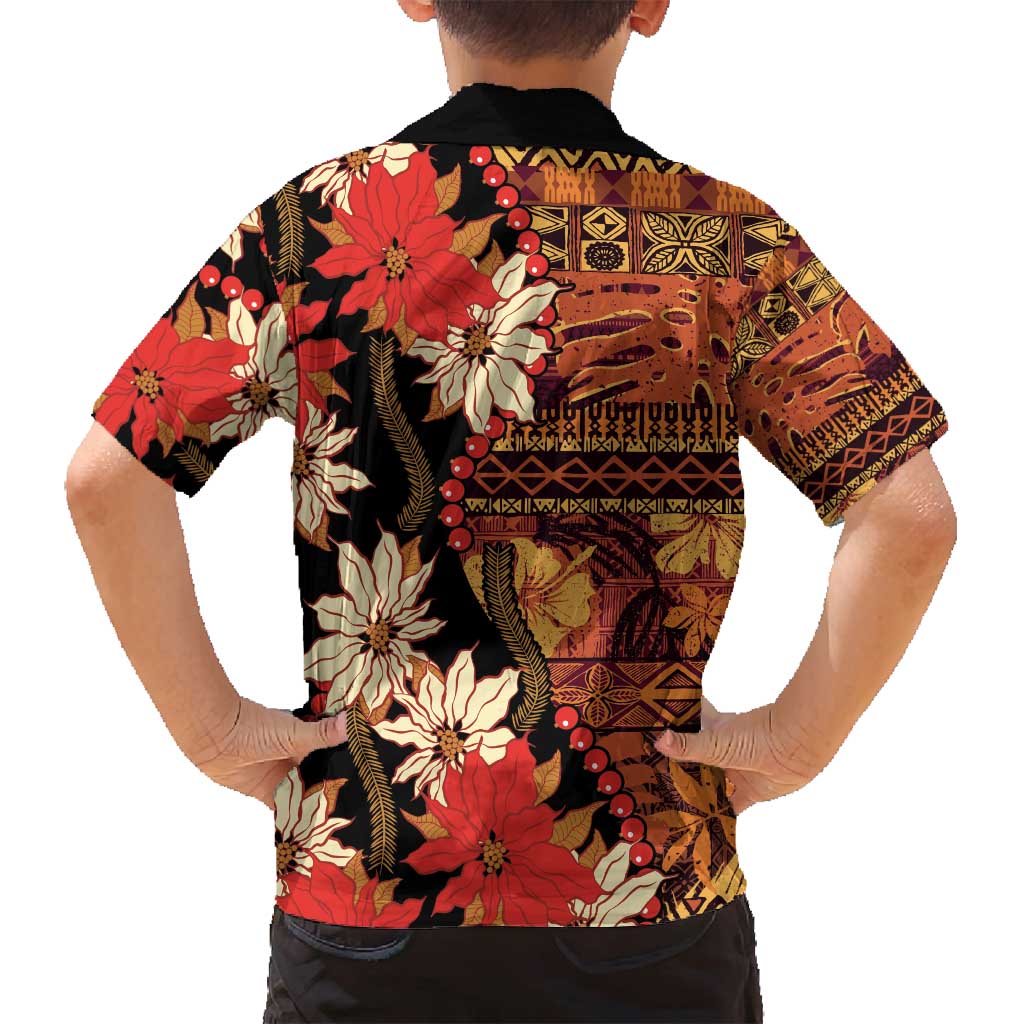 Hawaii Christmas Poinsettia Lei Family Matching Long Sleeve Bodycon Dress and Hawaiian Shirt Tapa Pattern LT01 - Polynesian Pride