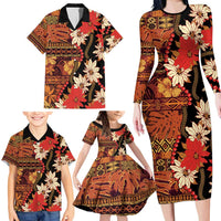 Hawaii Christmas Poinsettia Lei Family Matching Long Sleeve Bodycon Dress and Hawaiian Shirt Tapa Pattern LT01 - Polynesian Pride