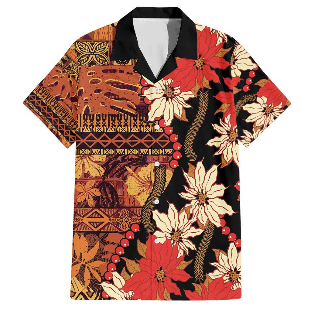 Hawaii Christmas Poinsettia Lei Family Matching Long Sleeve Bodycon Dress and Hawaiian Shirt Tapa Pattern LT01 Dad's Shirt - Short Sleeve Brown - Polynesian Pride