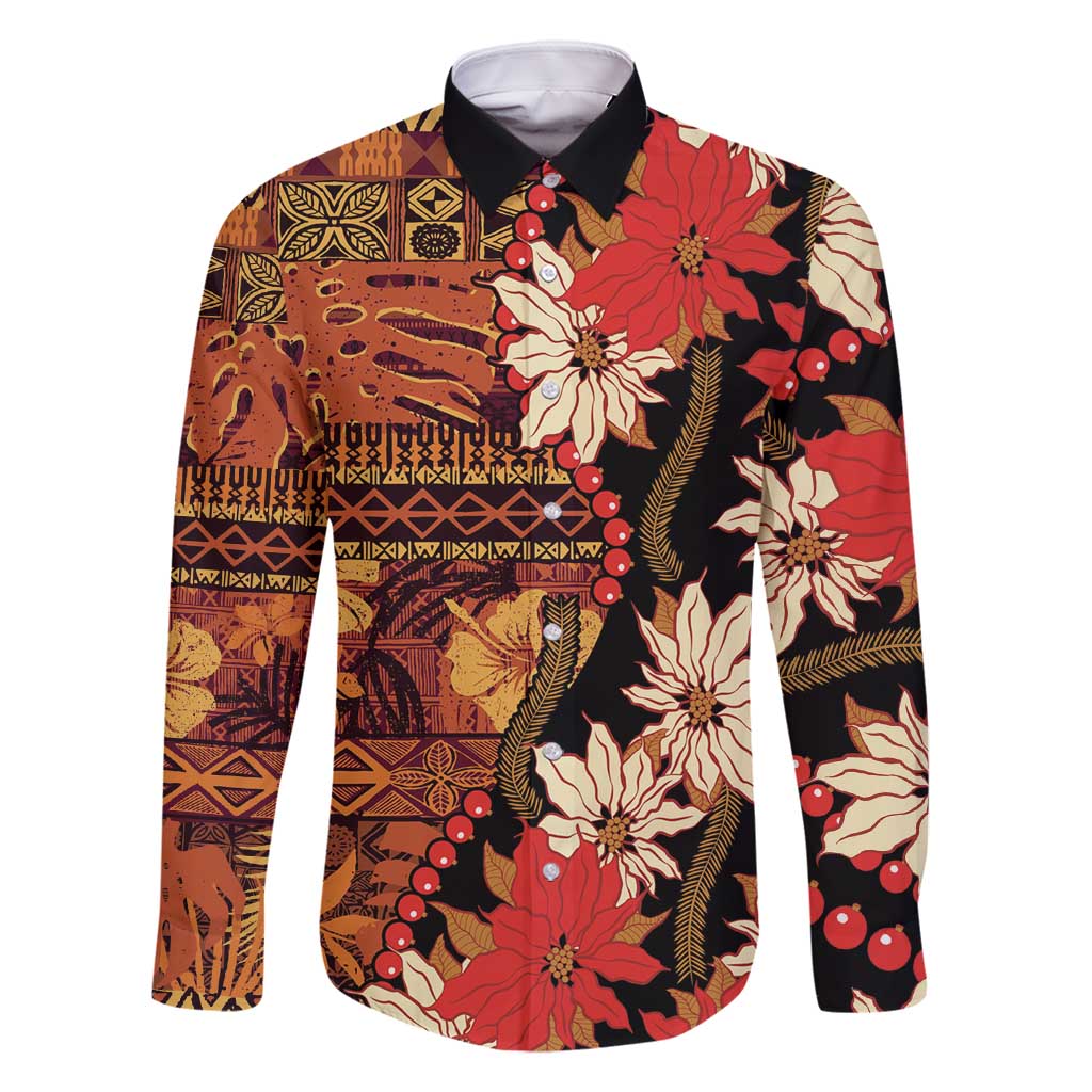 Hawaii Christmas Poinsettia Lei Family Matching Long Sleeve Bodycon Dress and Hawaiian Shirt Tapa Pattern LT01 Dad's Shirt - Long Sleeve Brown - Polynesian Pride