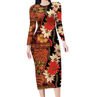 Hawaii Christmas Poinsettia Lei Family Matching Long Sleeve Bodycon Dress and Hawaiian Shirt Tapa Pattern LT01 Mom's Dress Brown - Polynesian Pride