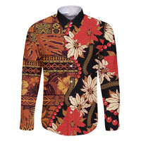 Hawaii Christmas Poinsettia Lei Family Matching Mermaid Dress and Hawaiian Shirt Tapa Pattern LT01 Dad's Shirt - Long Sleeve Brown - Polynesian Pride