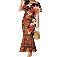Hawaii Christmas Poinsettia Lei Family Matching Mermaid Dress and Hawaiian Shirt Tapa Pattern LT01 Mom's Dress Brown - Polynesian Pride