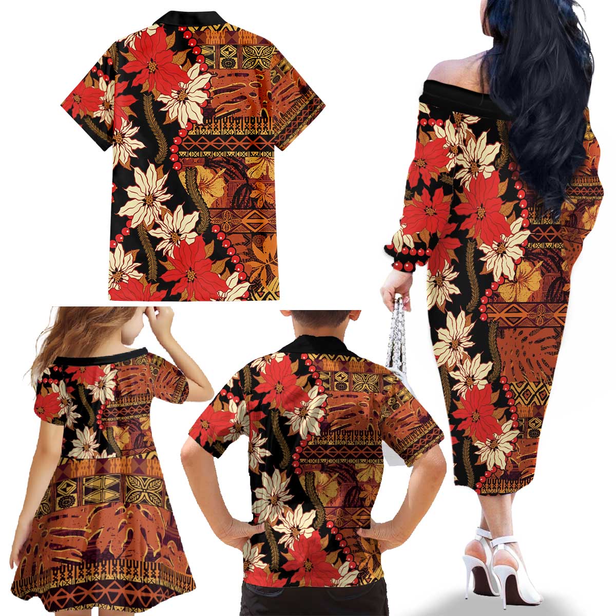 Hawaii Christmas Poinsettia Lei Family Matching Off The Shoulder Long Sleeve Dress and Hawaiian Shirt Tapa Pattern - Polynesian Pride