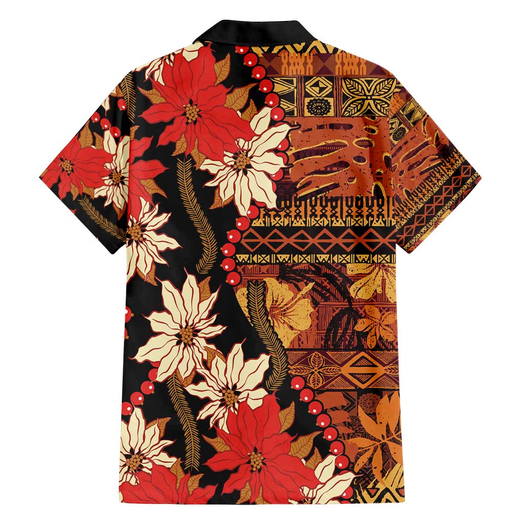 Hawaii Christmas Poinsettia Lei Family Matching Off Shoulder Maxi Dress and Hawaiian Shirt Tapa Pattern - Polynesian Pride