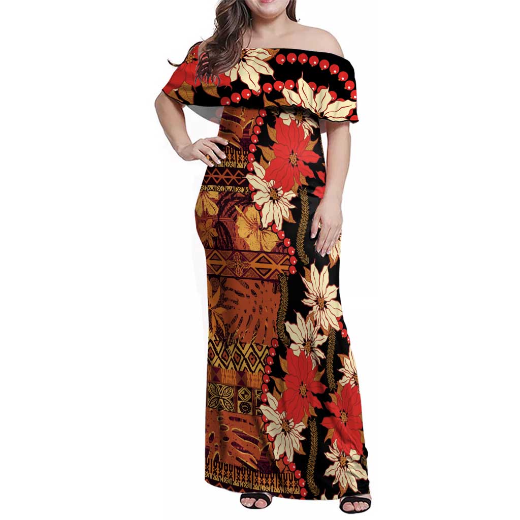 Hawaii Christmas Poinsettia Lei Family Matching Off Shoulder Maxi Dress and Hawaiian Shirt Tapa Pattern - Polynesian Pride