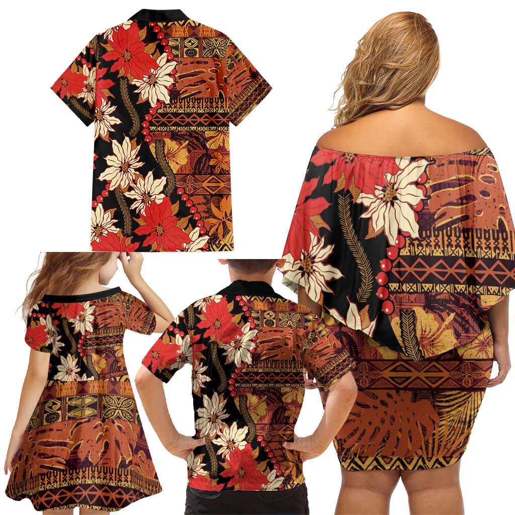 Hawaii Christmas Poinsettia Lei Family Matching Off Shoulder Short Dress and Hawaiian Shirt Tapa Pattern - Polynesian Pride