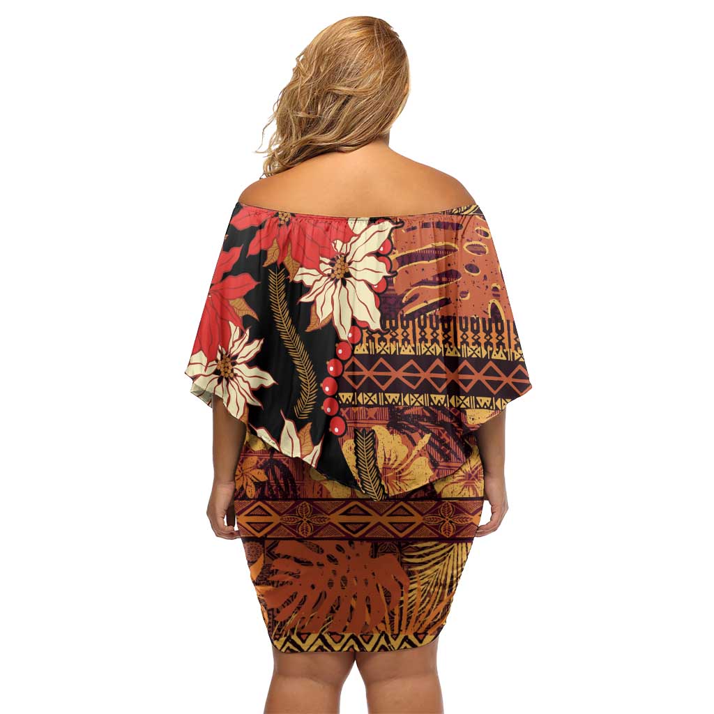 Hawaii Christmas Poinsettia Lei Family Matching Off Shoulder Short Dress and Hawaiian Shirt Tapa Pattern - Polynesian Pride