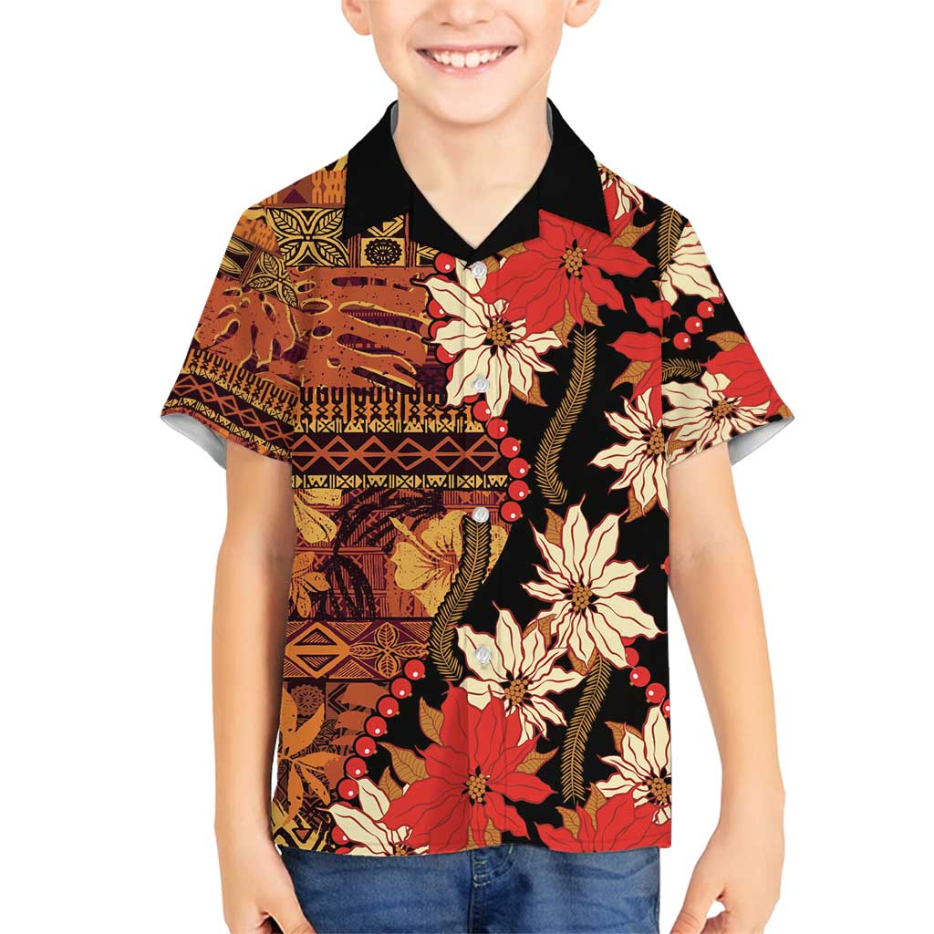 Hawaii Christmas Poinsettia Lei Family Matching Off Shoulder Short Dress and Hawaiian Shirt Tapa Pattern - Polynesian Pride