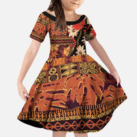 Hawaii Christmas Poinsettia Lei Family Matching Short Sleeve Bodycon Dress and Hawaiian Shirt Tapa Pattern LT01 Daughter's Dress Brown - Polynesian Pride