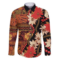 Hawaii Christmas Poinsettia Lei Family Matching Short Sleeve Bodycon Dress and Hawaiian Shirt Tapa Pattern LT01 Dad's Shirt - Long Sleeve Brown - Polynesian Pride