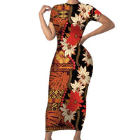 Hawaii Christmas Poinsettia Lei Family Matching Short Sleeve Bodycon Dress and Hawaiian Shirt Tapa Pattern LT01 Mom's Dress Brown - Polynesian Pride