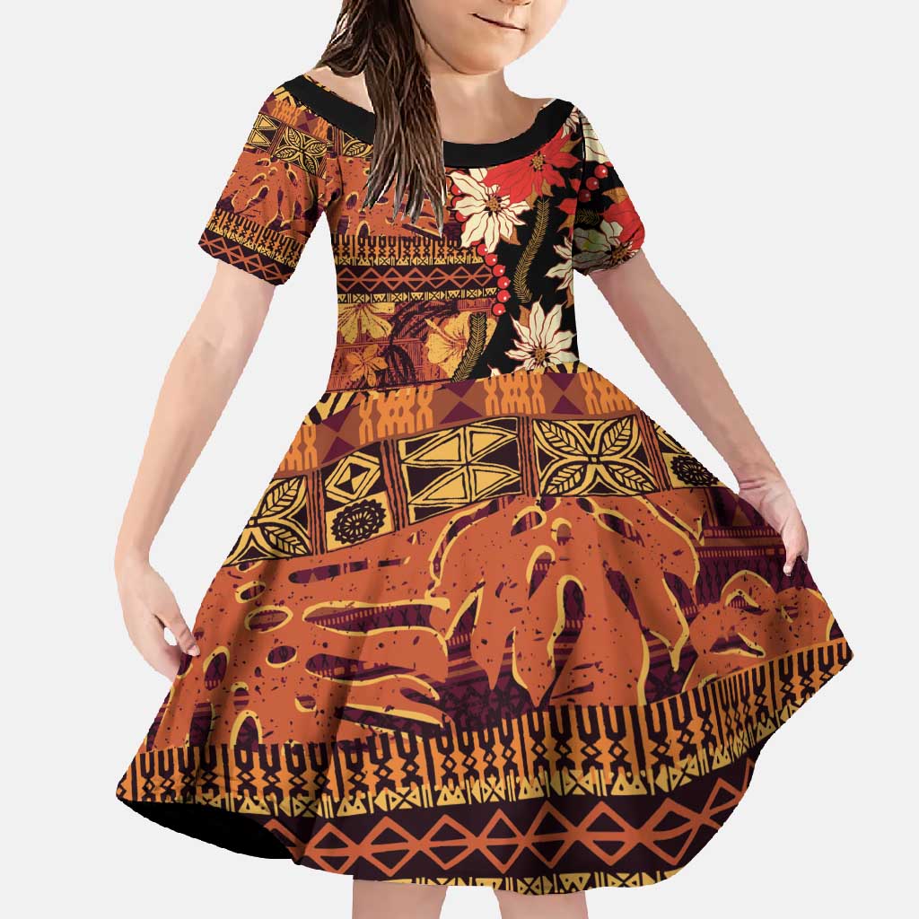 Hawaii Christmas Poinsettia Lei Family Matching Summer Maxi Dress and Hawaiian Shirt Tapa Pattern LT01 Daughter's Dress Brown - Polynesian Pride