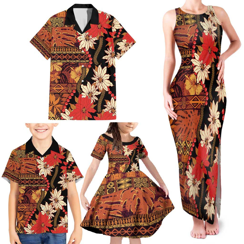 Hawaii Christmas Poinsettia Lei Family Matching Tank Maxi Dress and Hawaiian Shirt Tapa Pattern - Polynesian Pride