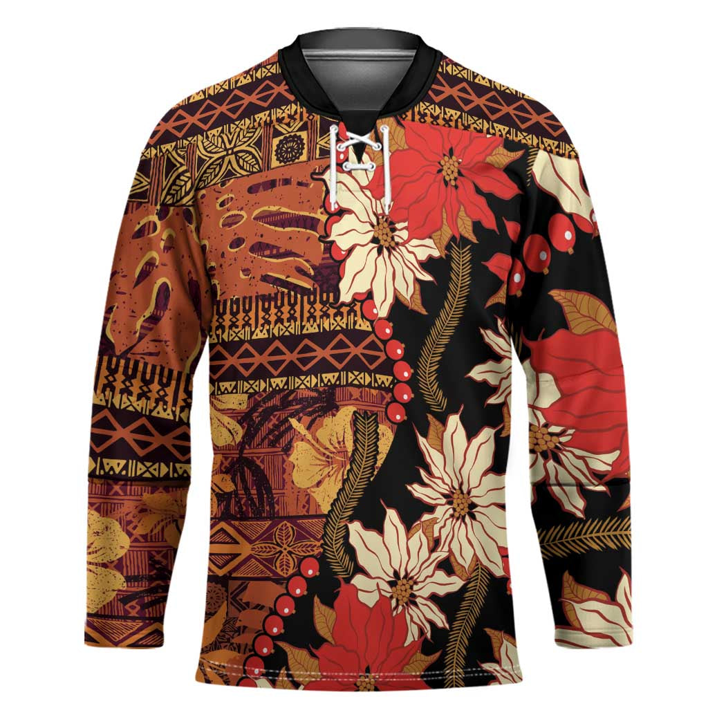 Hawaii Christmas Poinsettia Lei Hockey Jersey Tapa Pattern - Polynesian Pride