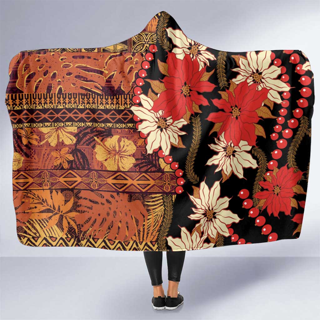 Hawaii Christmas Poinsettia Lei Hooded Blanket Tapa Pattern - Polynesian Pride